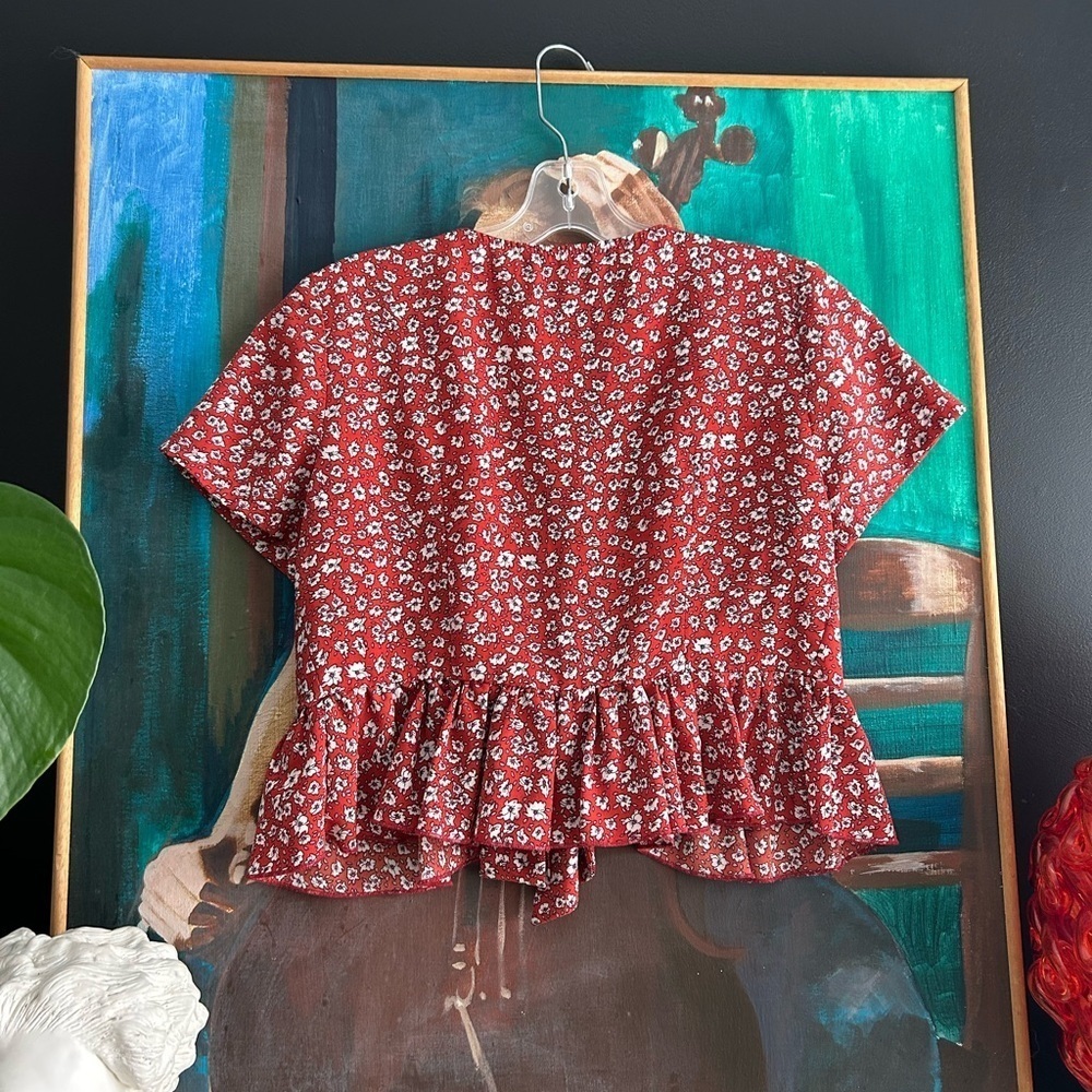 SHEIN Red Floral Tie Front Peplum Blouse Women’s Boho Cottagecore Crop Top - Picture 11 of 15